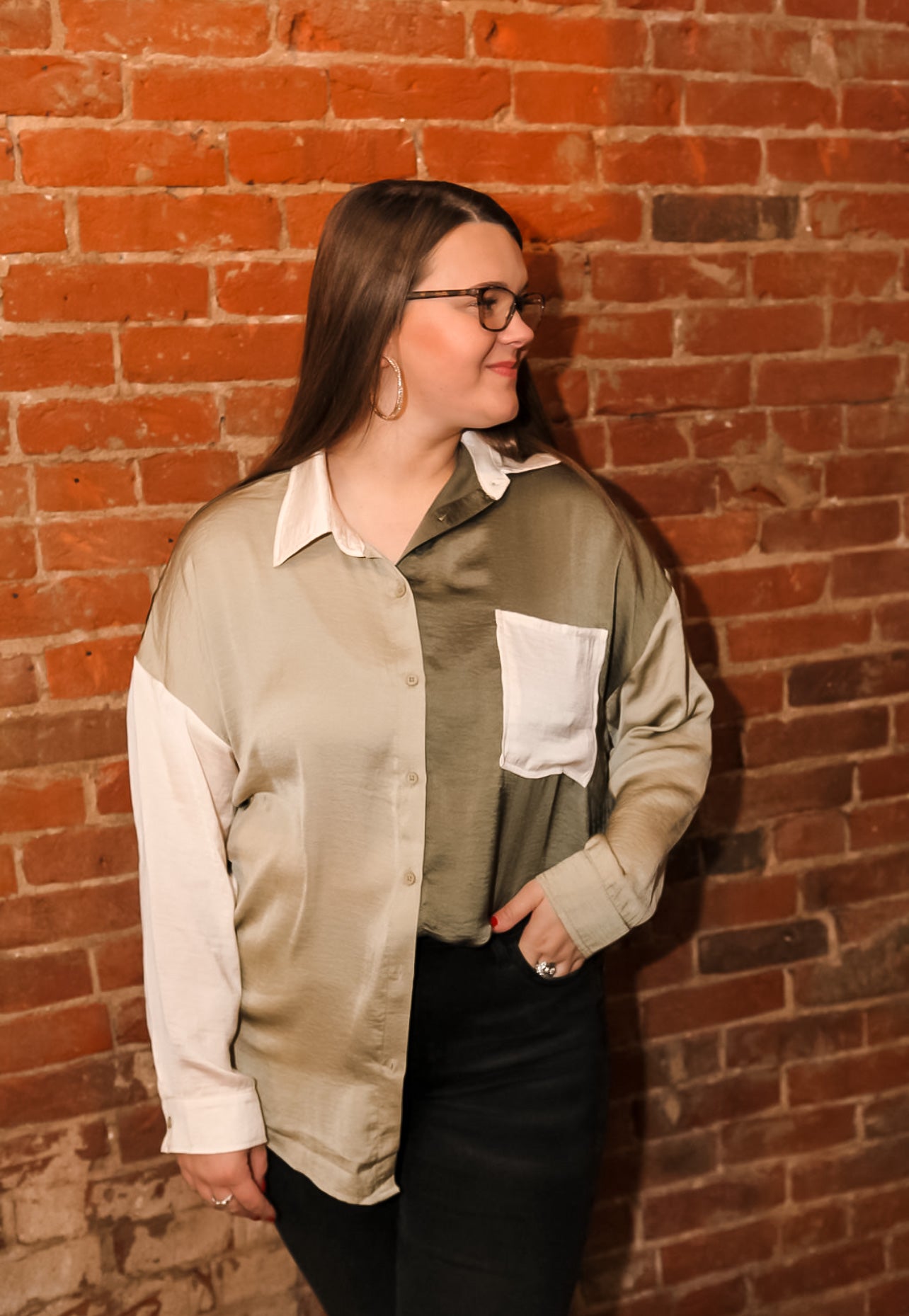 Olive Two-Tone Satin Button Down